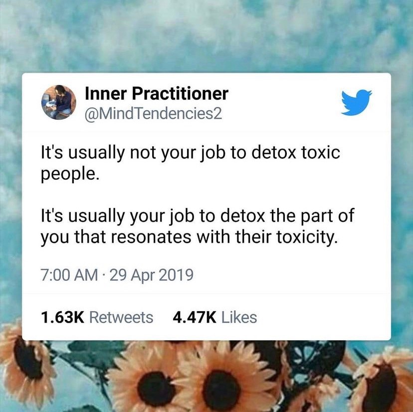 it's usually not your job to detox toxic people. it's usually your job to detox the part of you that resonates with their toxicity.